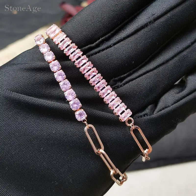 Pink Crystal Tennis Bracelets for Women - Adjustable Chain Jewelry