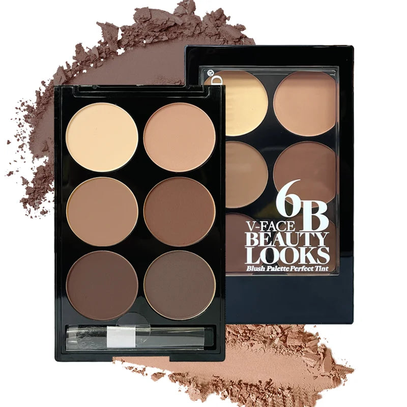 Highlight Contouring Powder Palette - Face Shadow & Bronzer with Brush, 6 Colors