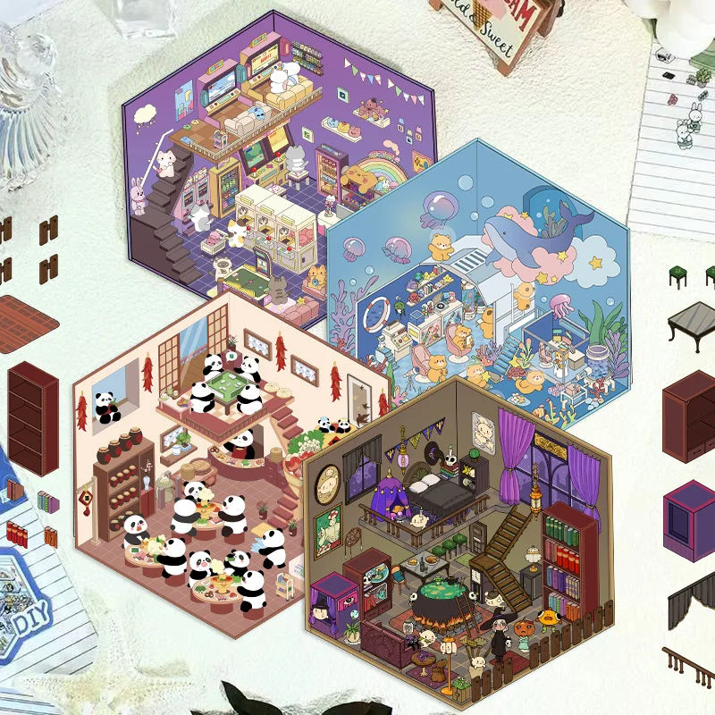 Cute 3D House Scene Stickers for DIY Crafts and Decompression - Miniature World Decor