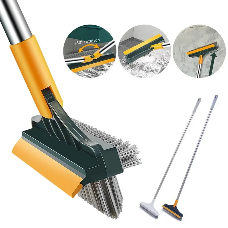 3 in 1 Long Handle Floor Scrub Brush with Steel Stainless Steel Bathroom Cleaning Tool