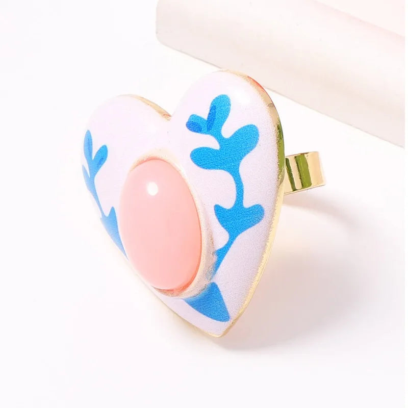 Retro Bohemian Floral Enamel Adjustable Ring Set - Heart Square Round Jewelry