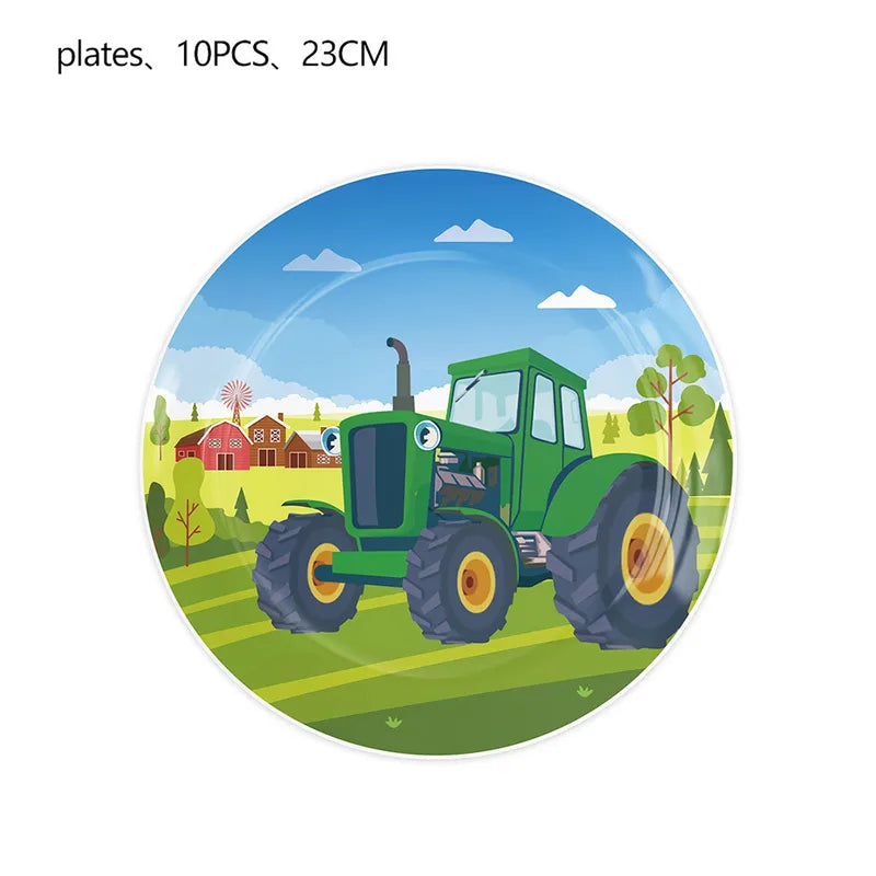 Green Farm Tractor Party Supplies Plate Cup Balloon Set for Kids Birthday Decorations