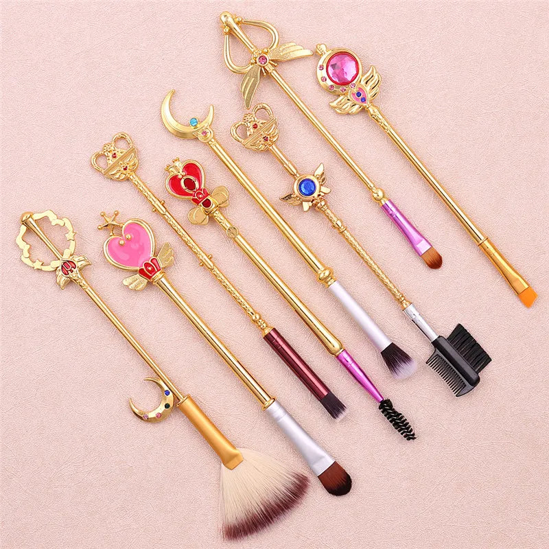 Anime Sailor Moon Makeup Brush Set with Cartoon Magic Wand Design - 8 Pieces