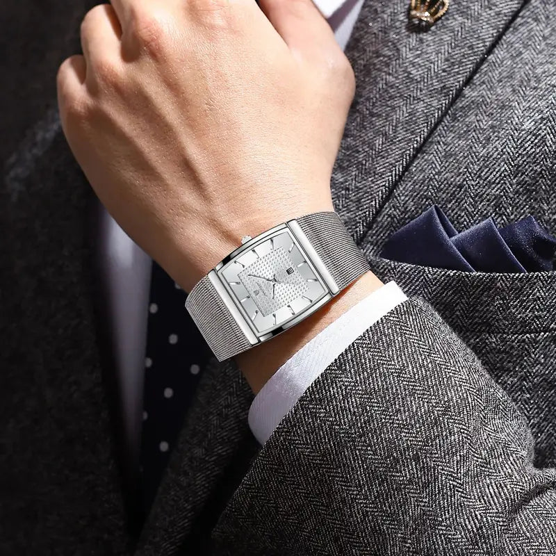 Luxury Business Men's Watch Stainless Steel Mesh Waterproof Luminous Quartz Wristwatch