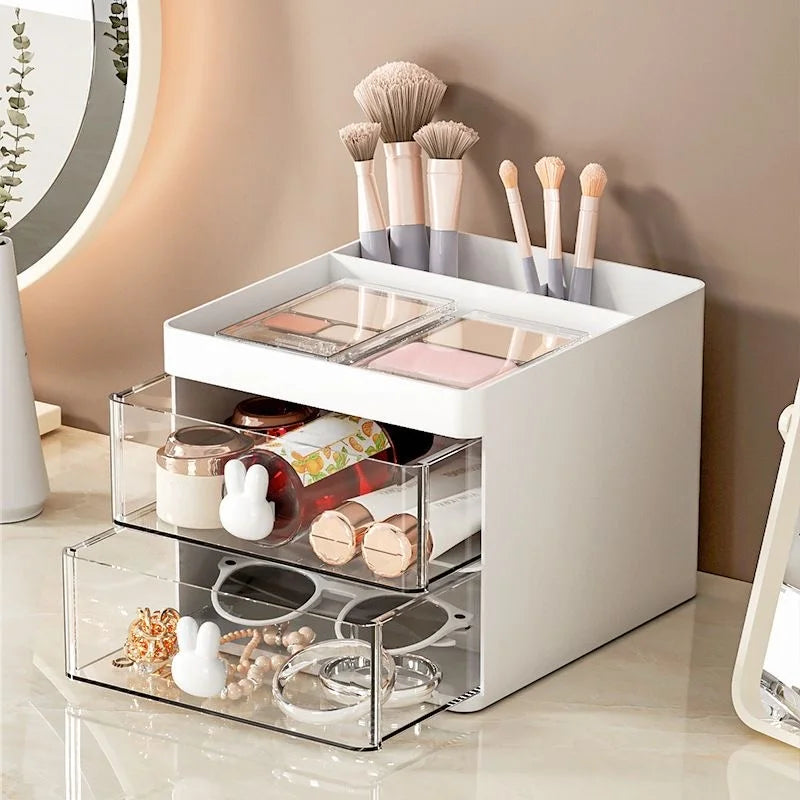 Transparent Drawer Storage Box with Sliding Drawers and Top Compartment for Office and Cosmetics Organization