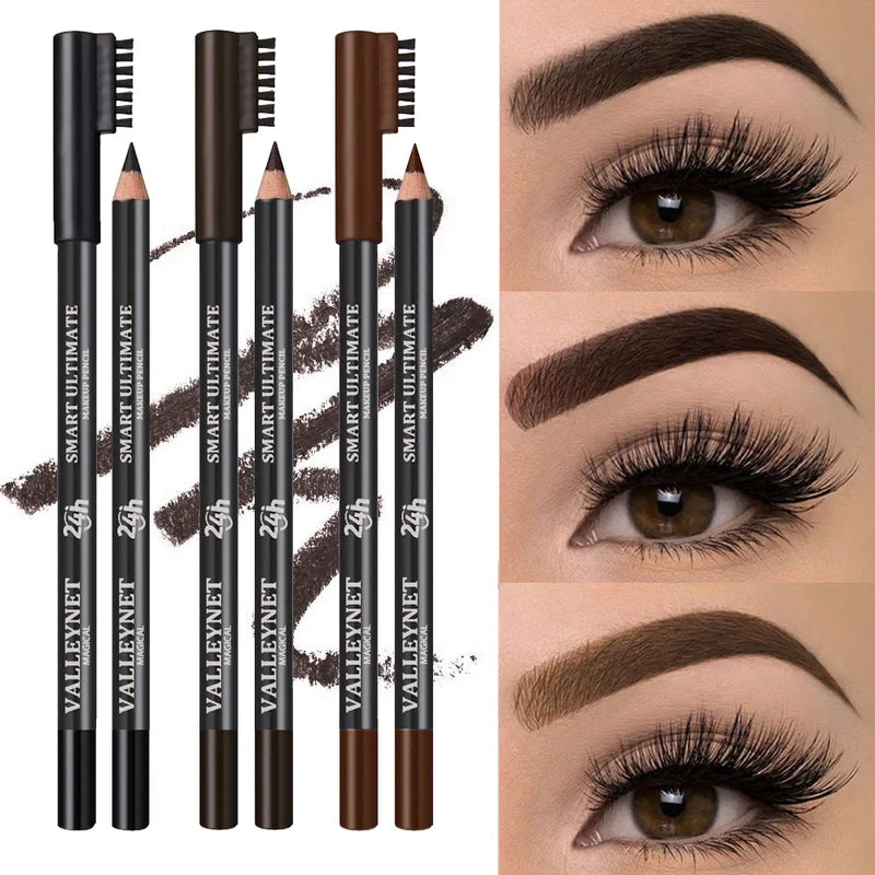 Wooden Eyebrow Pencils with Brush - Waterproof, Long-Lasting, Matte Finish, Multiple Colors