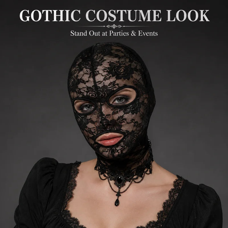 Gothic Lace Full Face Mask for Halloween Cosplay - Stretch Mesh Hood with Eye & Mouth Openings