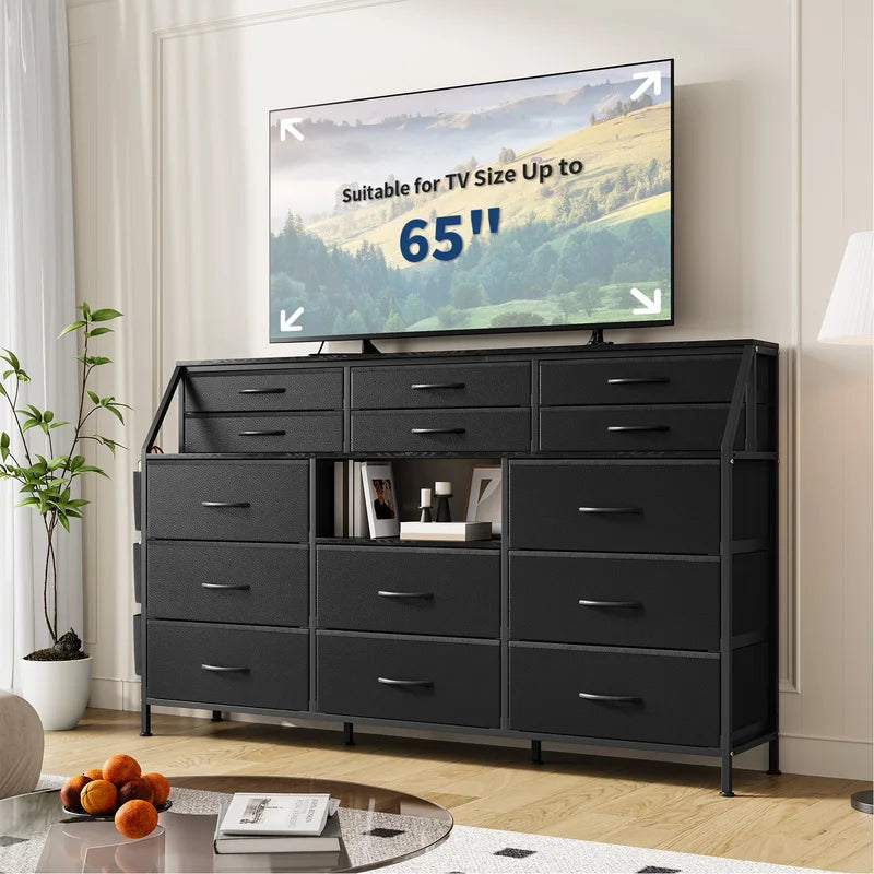 14-Drawer Storage Dresser & TV Stand with Shelves - Wide Fabric & Wood Chest for Bedroom & Living Room