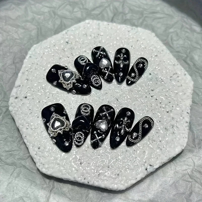 10 Pieces Handmade Dark Mine Series Fake Nail Sets for Dark Spicy Girl Style Nail Art