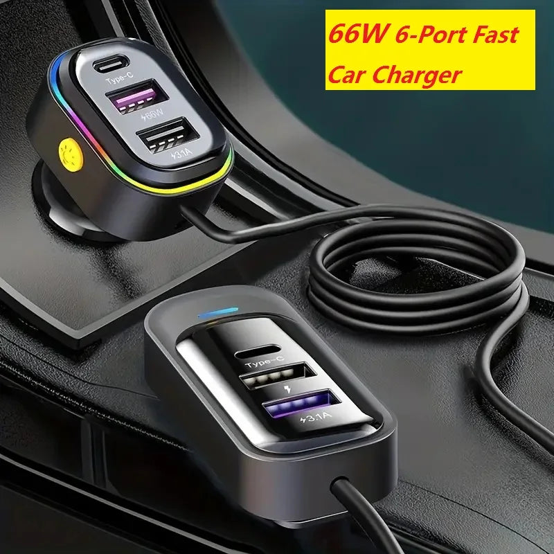 81W Car Charger 6-Port USB & Type-C Fast Charging Extension Cable