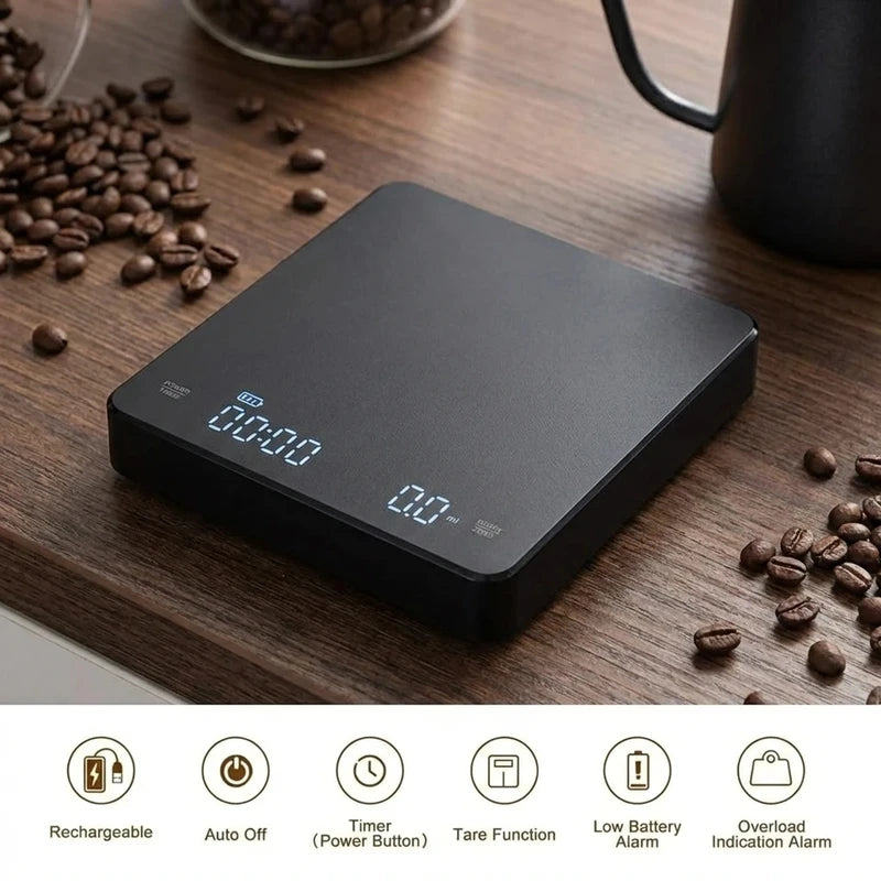 Digital Espresso Scale with Timer 3kg Precision USB Rechargeable Kitchen Tool