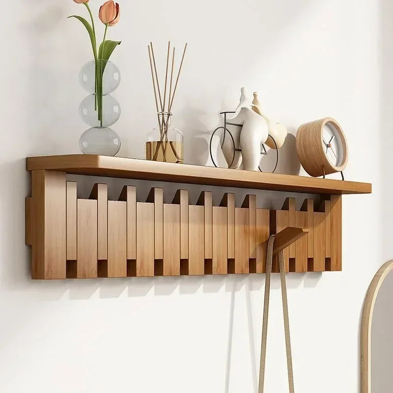 Solid Wood Wall Clothes Hanger Rack with Storage Shelf for Living Room Bedroom
