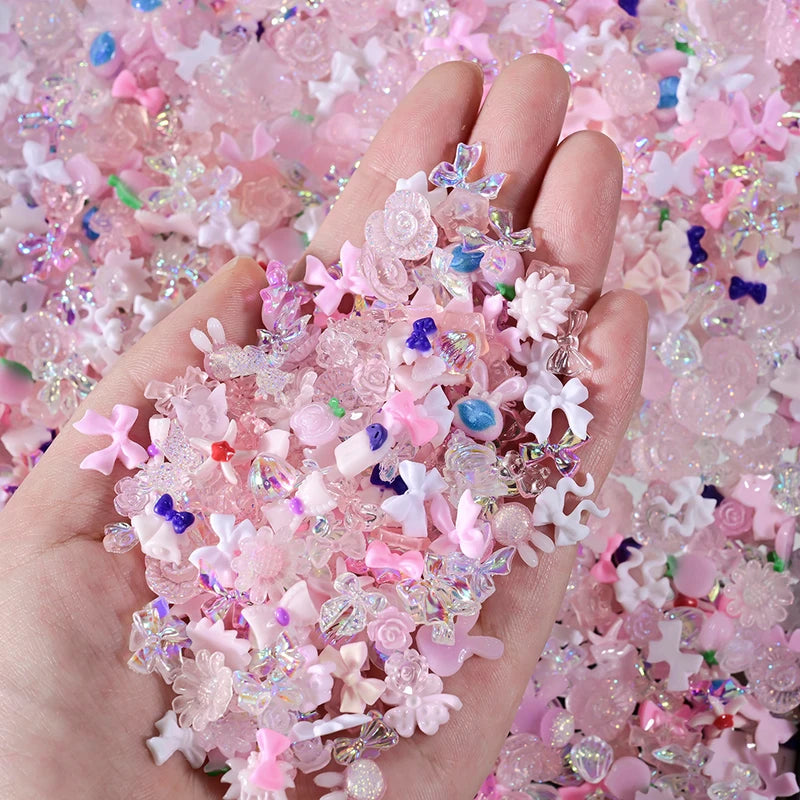 Mixed Resin Nail Charms 3D Bow Flowers Rhinestones for DIY Nail Art 50g