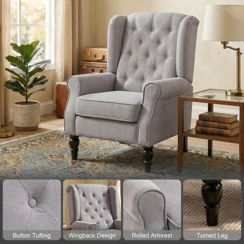 Mid-Century Modern Accent Armchair with Tufted Fabric & Wooden Legs - Gray