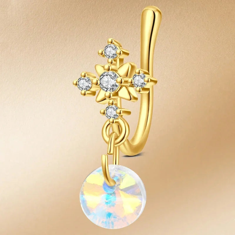 Women’s Fake Nose Ring U-Shaped Dangle Style Zirconia Nose Stud Gold Stainless Steel