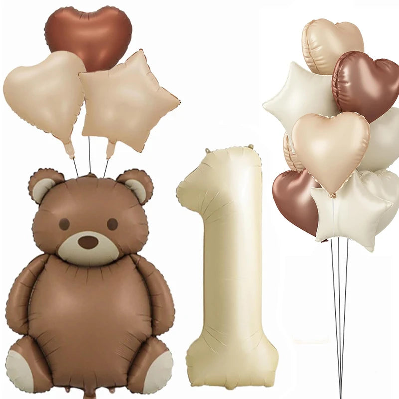 Inflatable Brown Bear Foil Balloon with Cream Number for Baby Shower Birthday Party