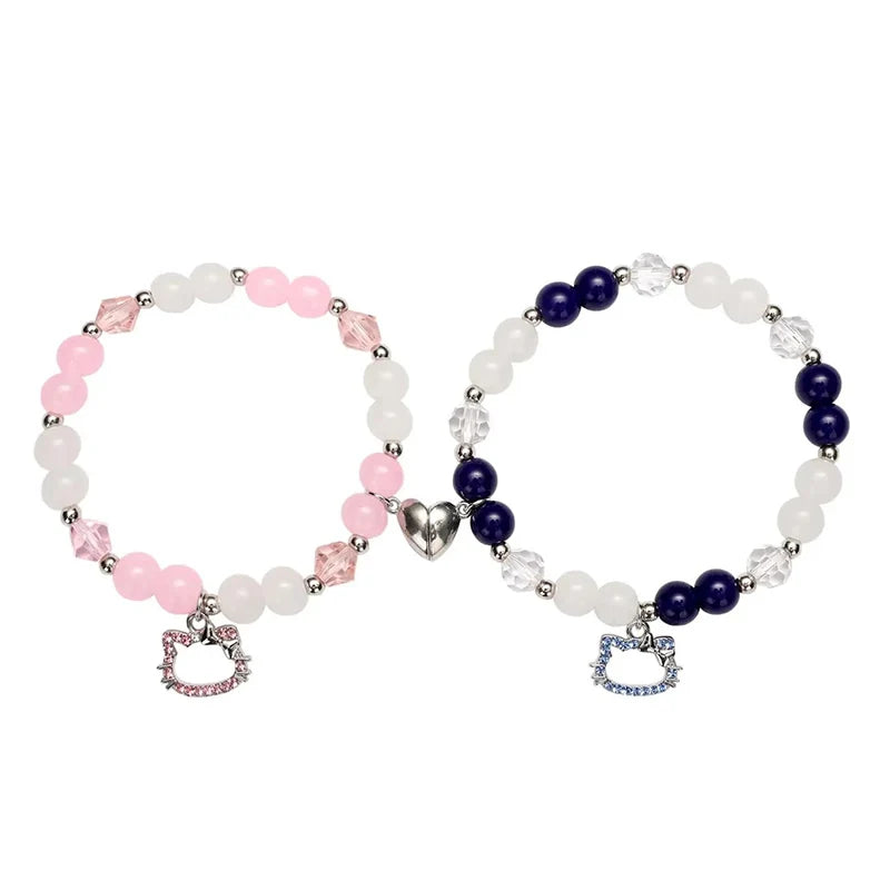 2 Pack Beaded Cat Charm Bracelets for Best Friend Multi Color Heart & Spider Design