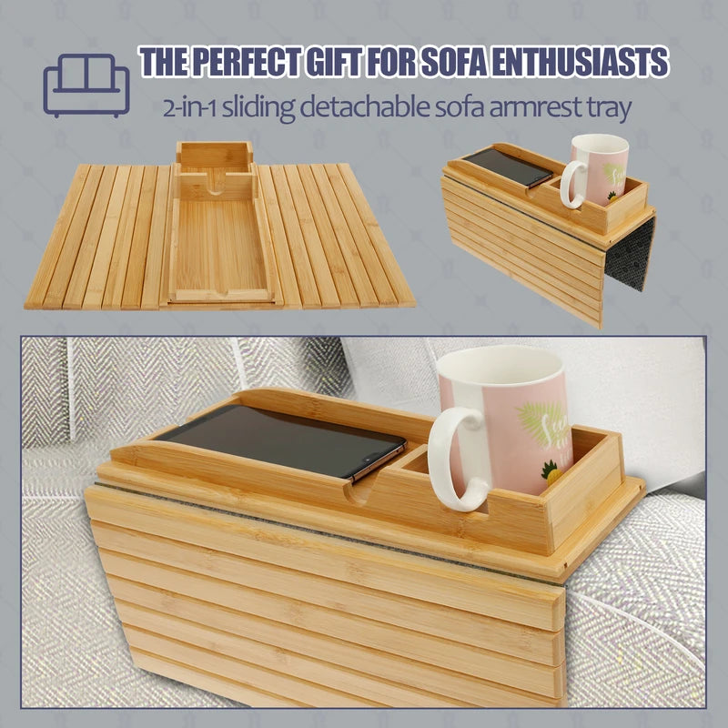 Foldable Bamboo Couch Cup Holder Tray for Sofa Armrest - Non-Slip Sofa Side Storage