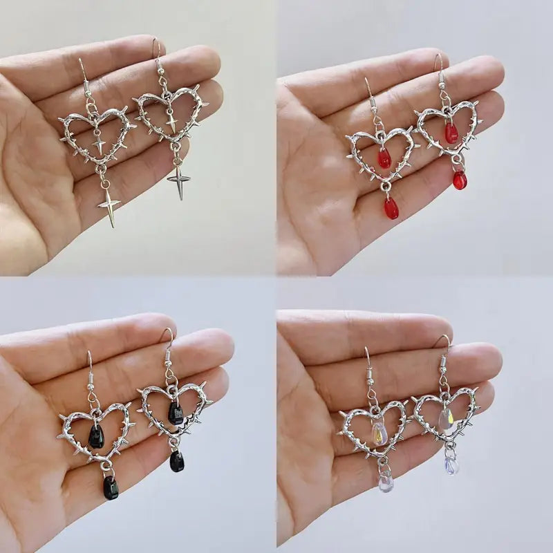 Gothic Heart Earrings for Women Punk Jewelry Crystal Pendant Ear Hooks