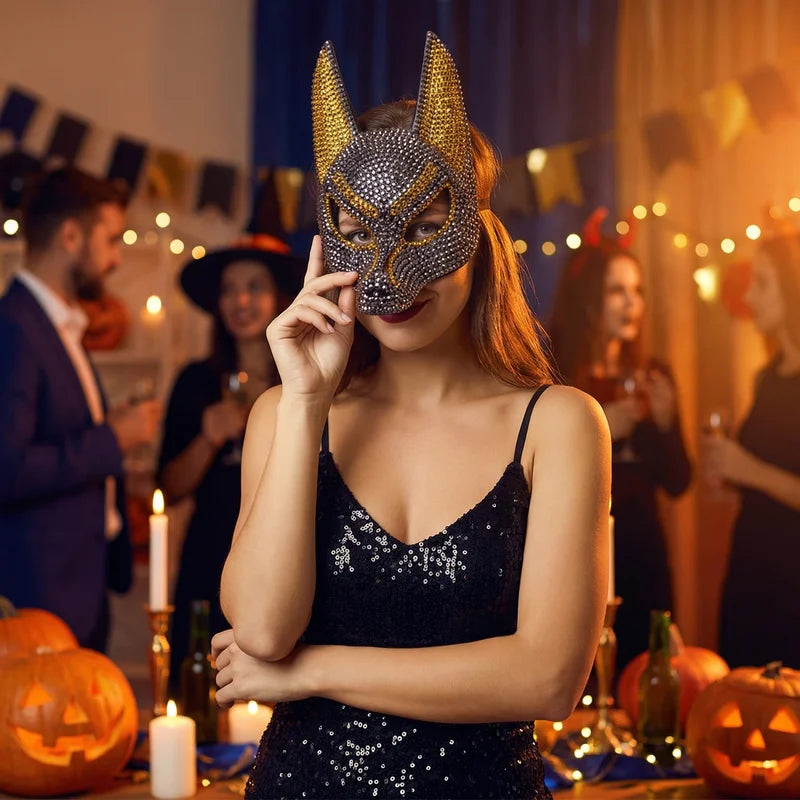 Luxury Rhinestone Wolf Mask - Shiny Half Face Costume Mask for Masquerade Halloween Party