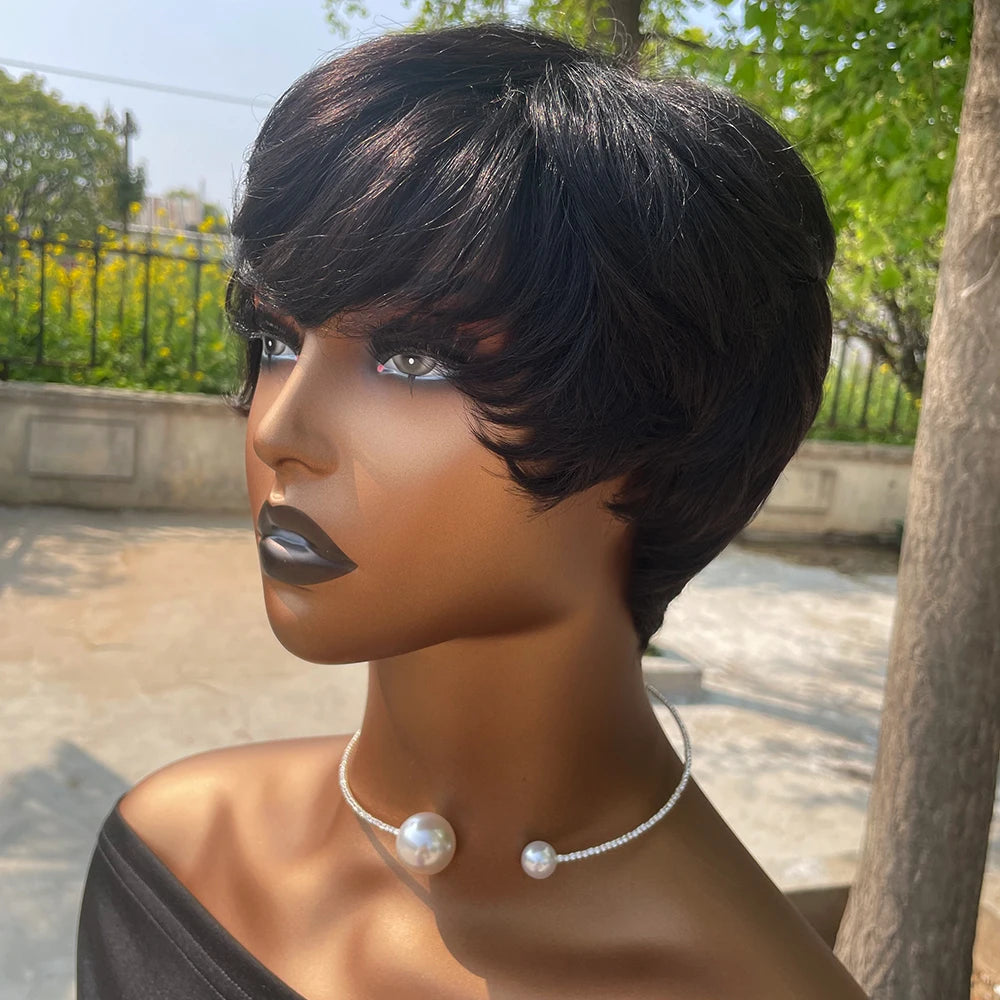 Human Hair Wigs Short Pixie Cut with Bangs for Black Women - Machine Made Natural Look