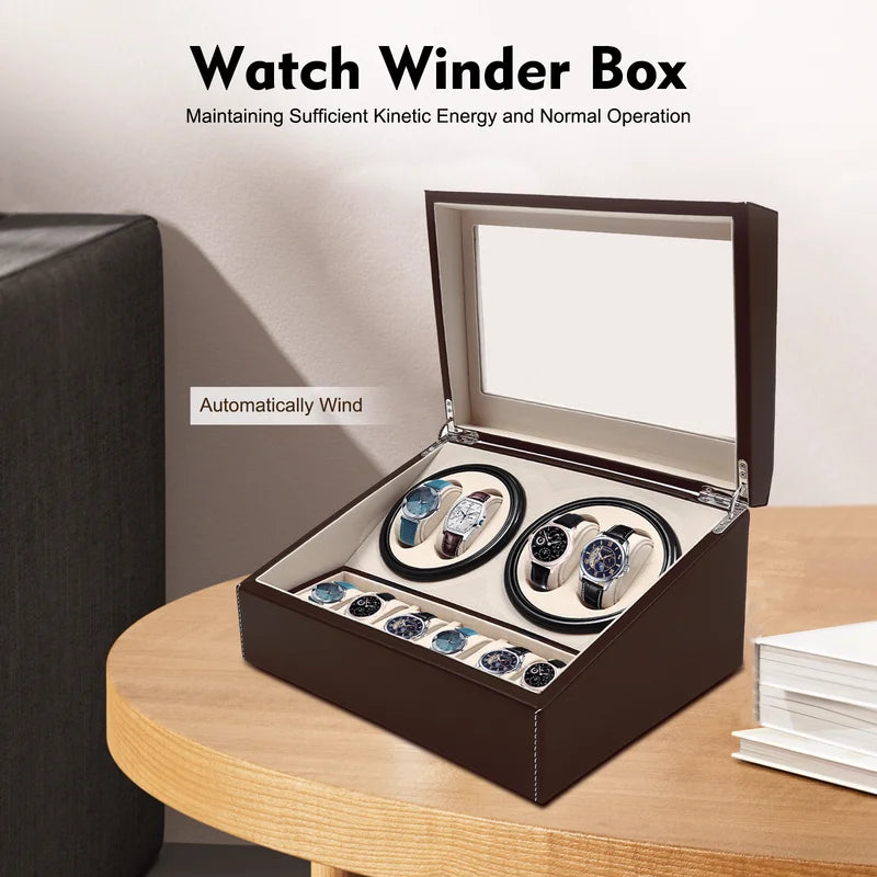Automatic Watch Winder Display Box with PU Leather Finish - Holds 10 Watches, Black or Brown