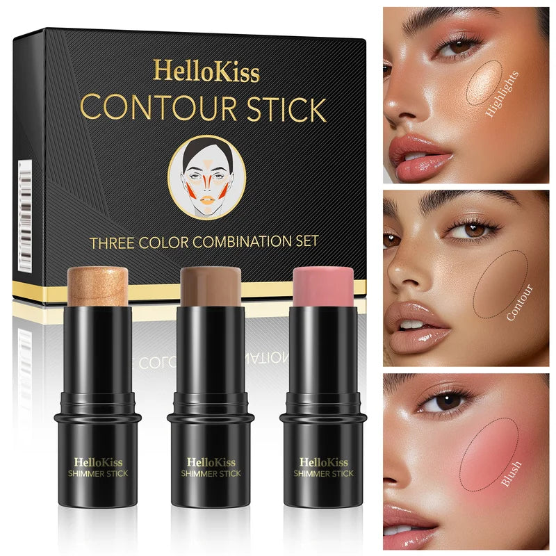3-Piece Cream Contouring Stick Set for Face - Highlighter, Blush & Contour