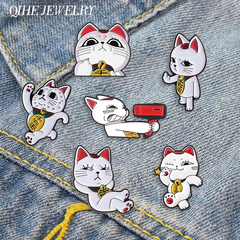 Anime Cat Enamel Pin with Hair Dryer & Lucky Middle Finger Brooch - Gift Jewelry