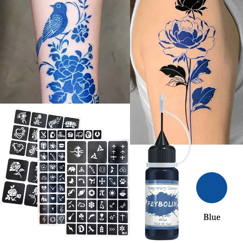 Temporary Tattoo Ink Set with 3 Sticker Kits - Long-Lasting Face & Body Art Gel