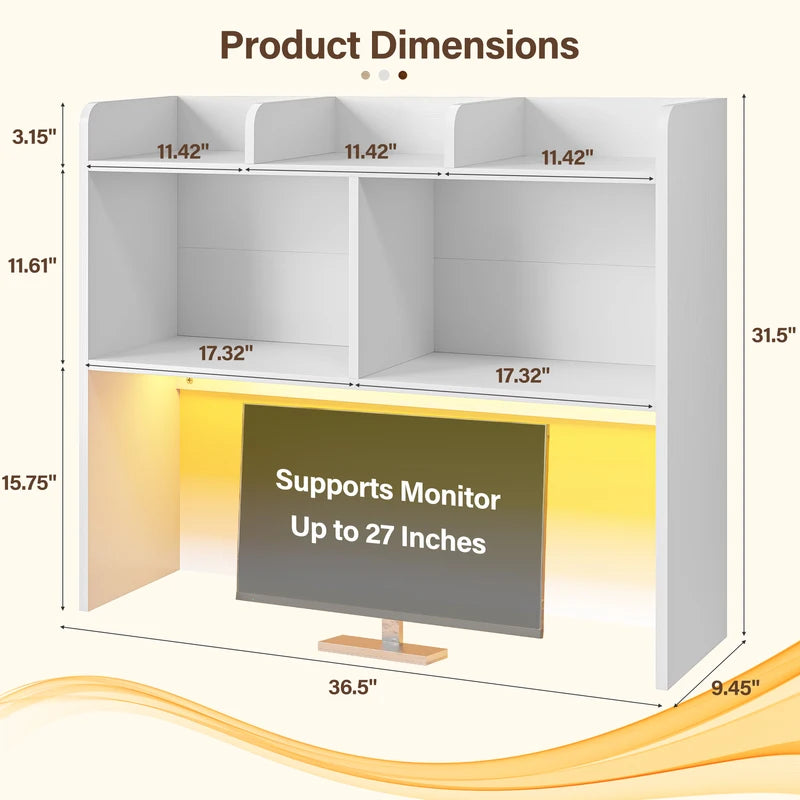 3-Tier Desk Hutch with LED Lighting and 6 Shelves - Space-Saving Office Organizer