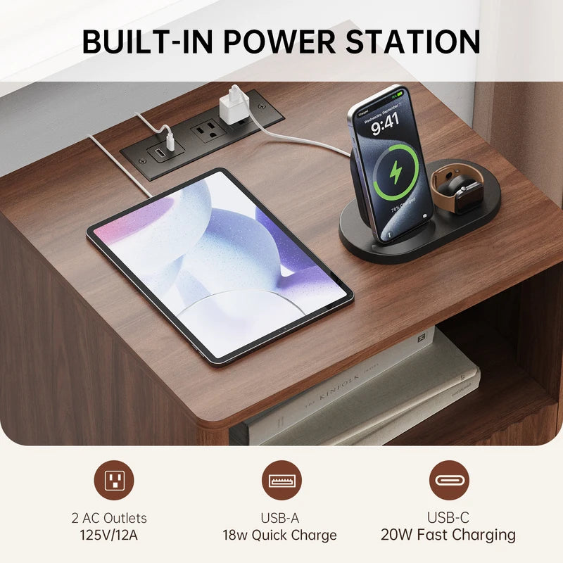 Nightstand with Charging Station, Fluted Wood Side Table with Storage Drawers