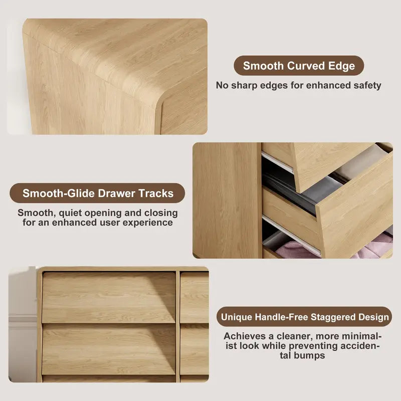 Modern 5-Drawer Wood Dresser with Handle-Free Curved Edges - Bedroom & Living Room Storage