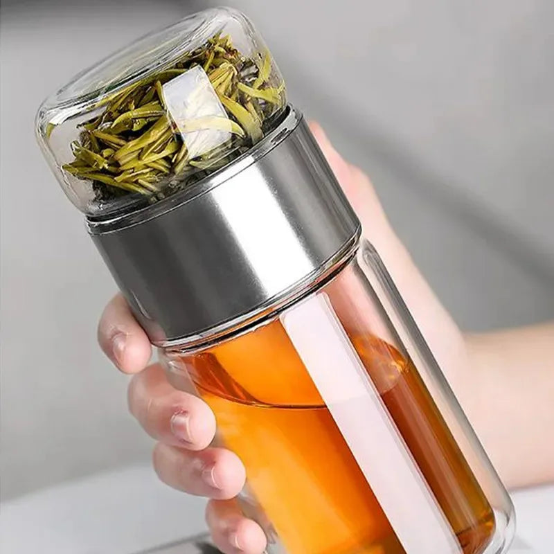 420ML Double Layer Borosilicate Glass Tea Water Bottle with Infuser - Leakproof Drinkware