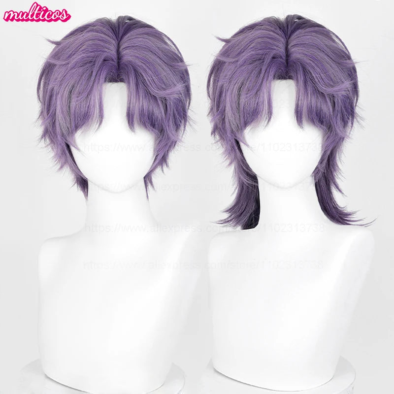 Cosplay Wig Short Mixed Purple Heat-Resistant Synthetic Hair for Halloween & Anime Costumes