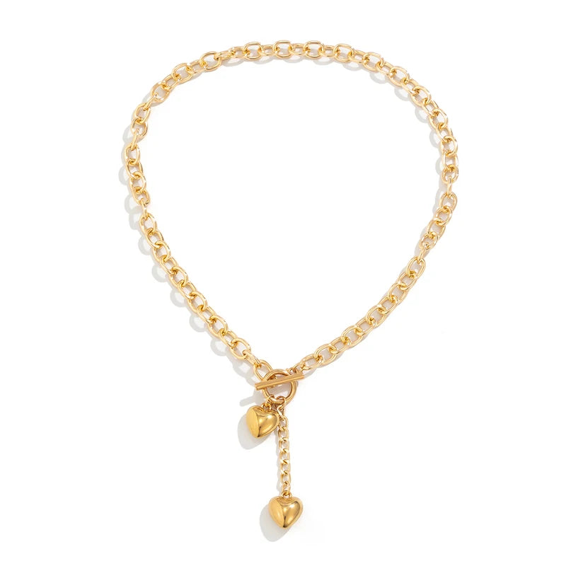 Retro Heart Pendant Necklace for Women Long Cross Chain Choker Gold Tone Punk Jewelry