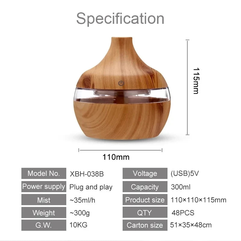Ultrasonic Air Diffuser Humidifier with Essential Oil Aromatherapy, 300ml Capacity