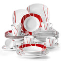 30-Piece Porcelain Dinner Set with Cups, Saucers, Plates - Red Stripes Ivory