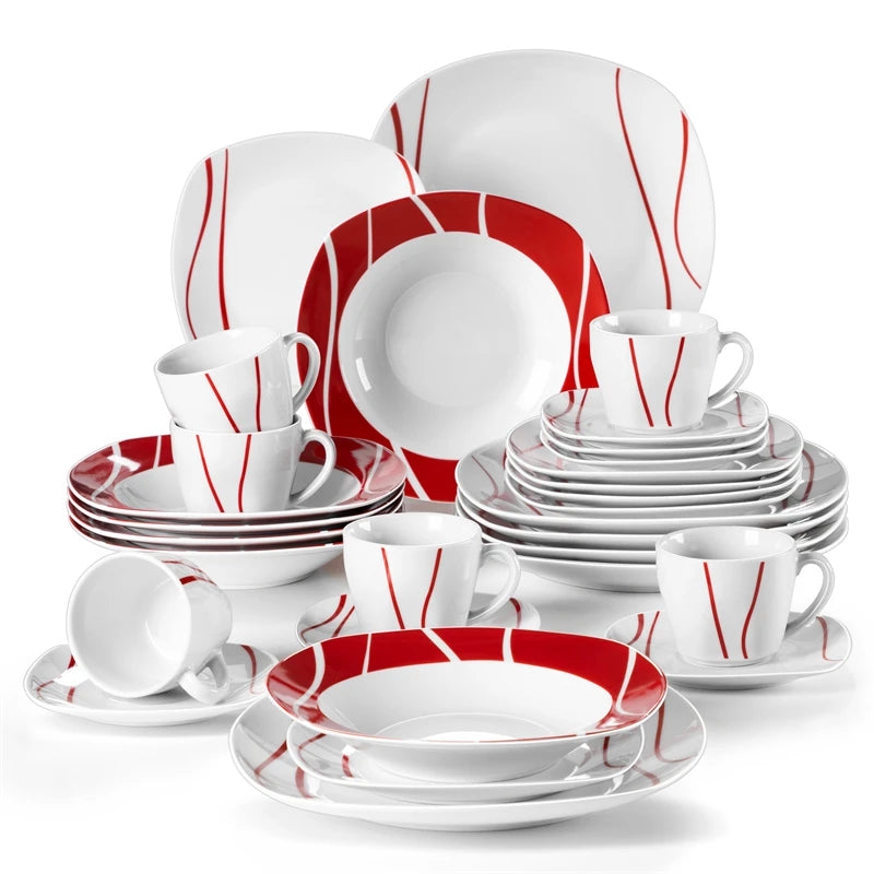 30-Piece Porcelain Dinner Set with Cups, Saucers, Plates - Red Stripes Ivory