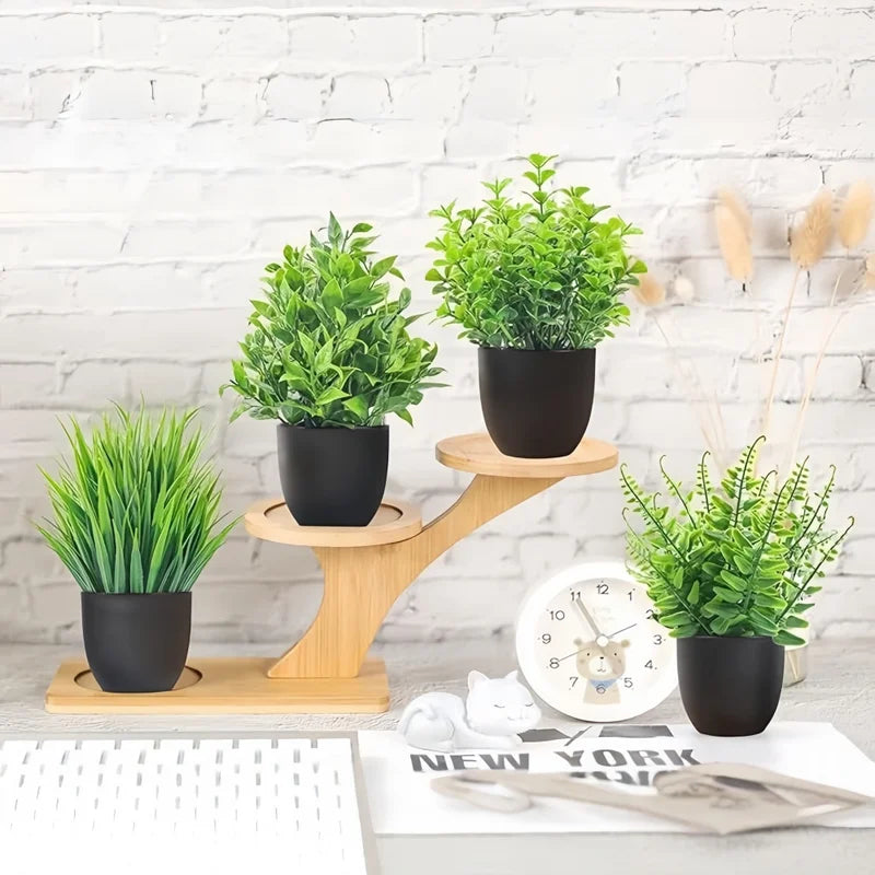 Mini Artificial Potted Plants Set - Indoor Outdoor Decorative Bonsai, Green 4-Pack
