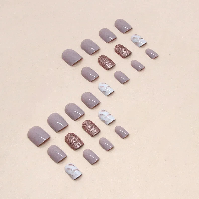 24 Short French Glitter Nail Set with Jelly Gel & Nail File - Glossy False Nails
