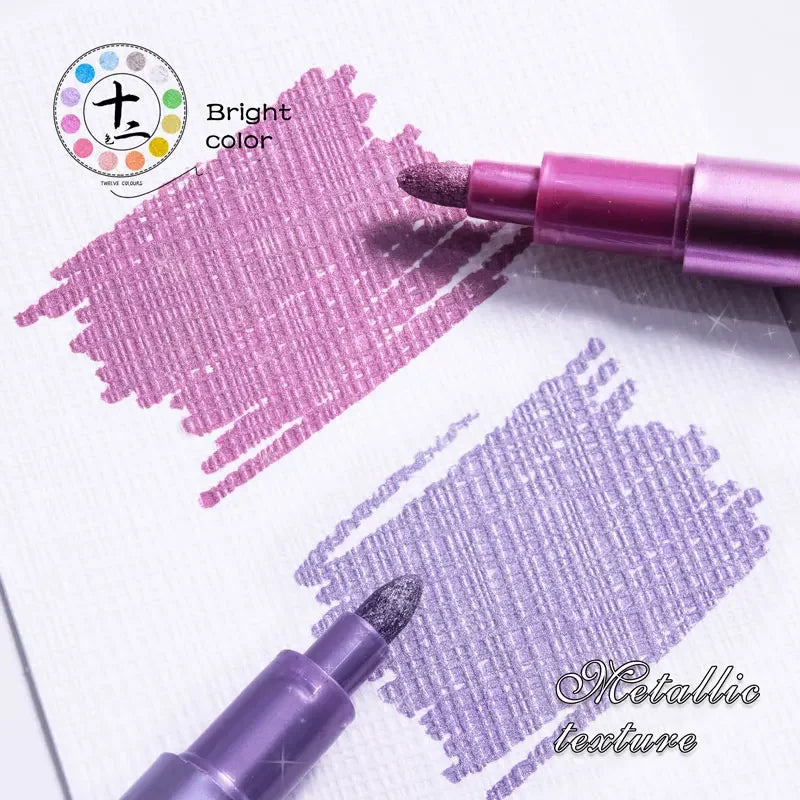 Metallic Paint Markers Set - Silver, Gold, 12 Colors for Black Paper Glass Rock Art
