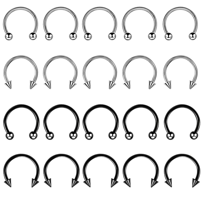 20-Piece Surgical Steel Body Piercing Jewelry Set - Nose, Tongue, Eyebrow, Labret, Horseshoe Rings