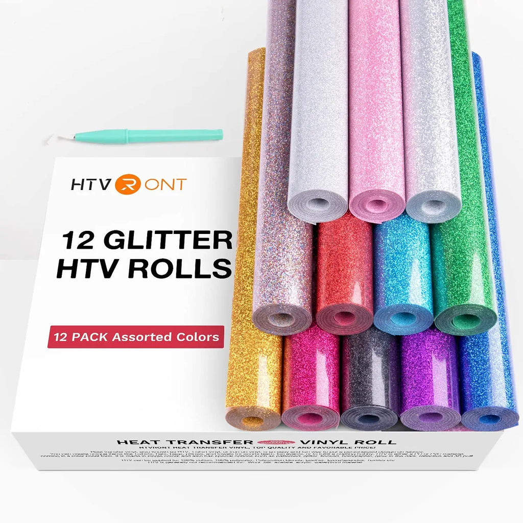 12 Pack Glitter Heat Transfer Vinyl Rolls for Cricut T-Shirt Printing - 10x5ft