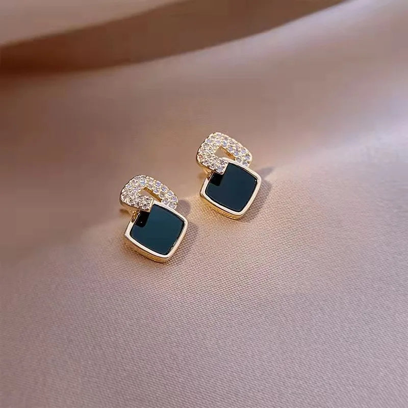 Korean Style Black Zircon Stud Earrings for Women Geometric Rhinestone Jewelry