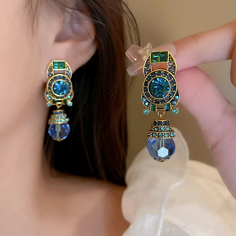 Vintage Blue Water Drop Crystal Earrings for Women - Rhinestones, Round Ear Clips, Retro Party Jewelry