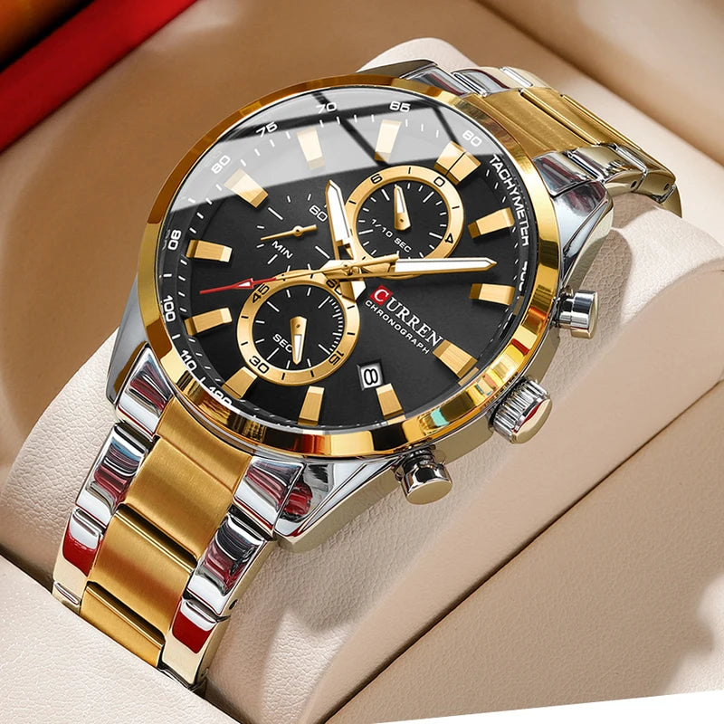 CURREN Quartz Chronograph Sport Watch for Men - Stainless Steel Band, Multifunction Dial