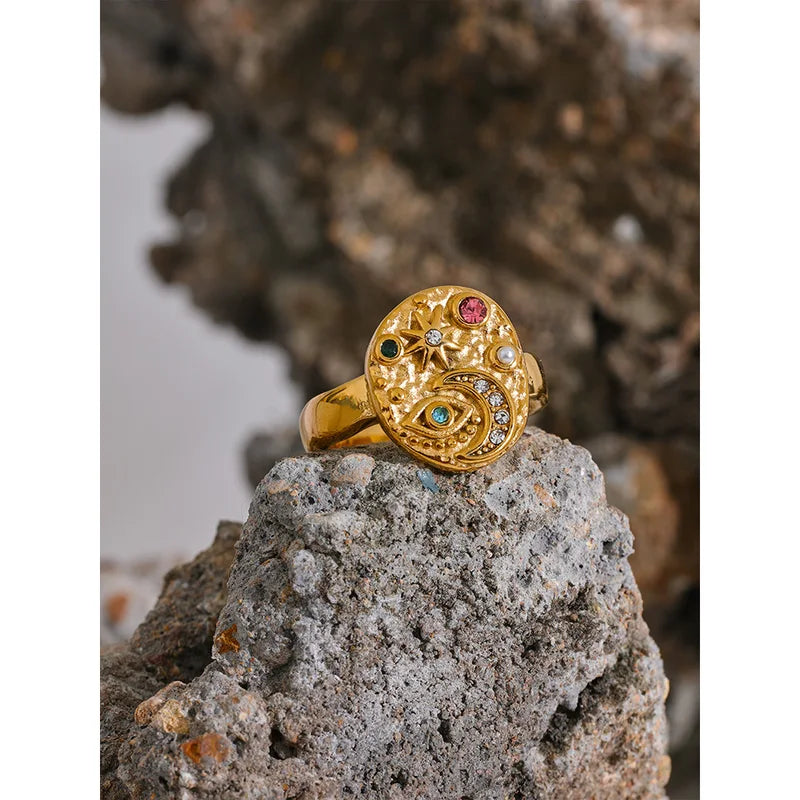 Colorful CZ Star Moon Eye Charm Ring - Celestial Jewelry for Women