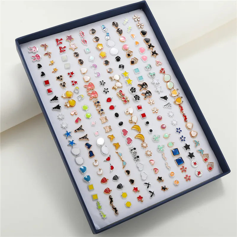 100 Pairs Small Stud Earrings Set for Women Geometric Star Animal Party Jewelry