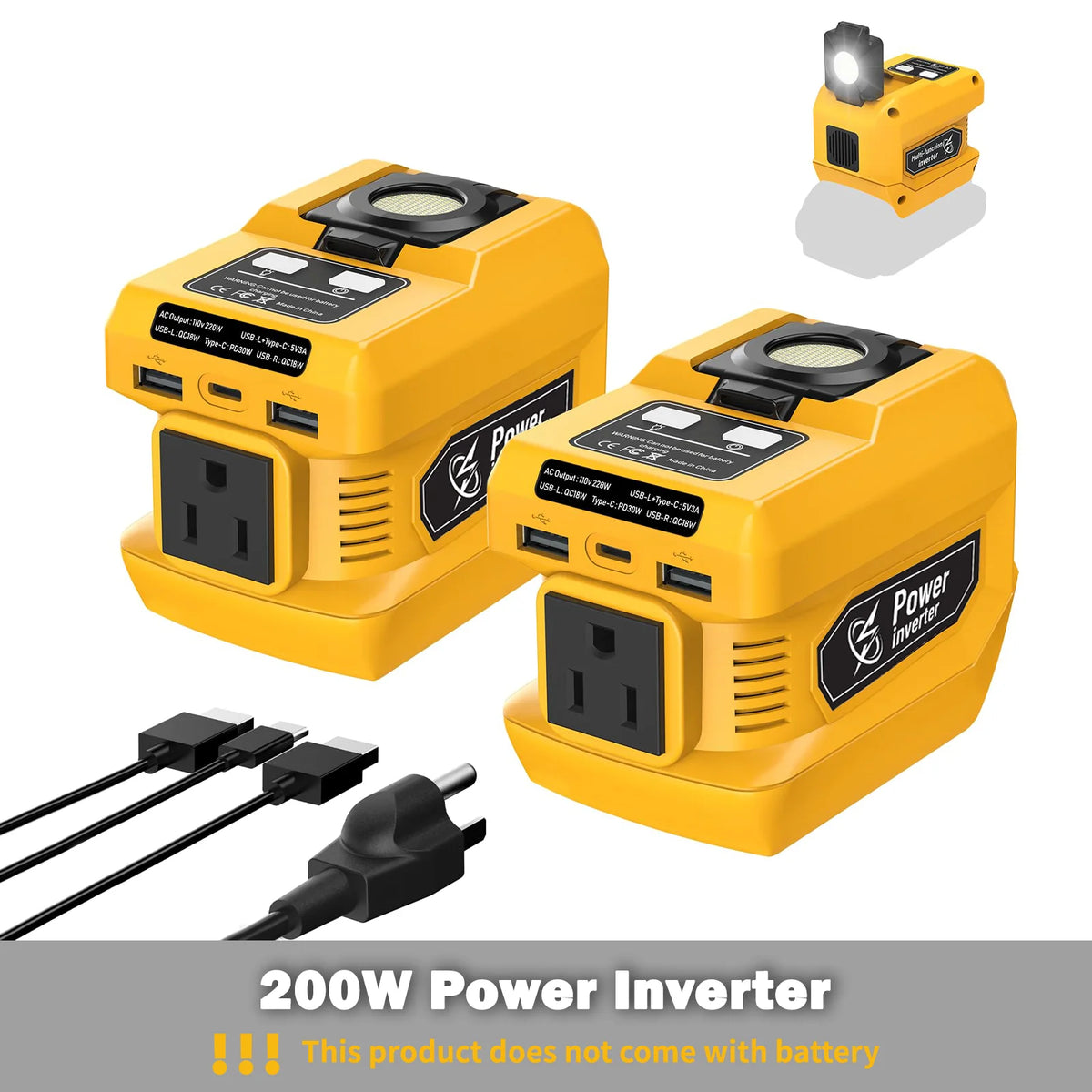 Portable Power Inverter 220W for DeWalt 20V Batteries, AC & USB Outlets, LED Light for Camping & Emergency