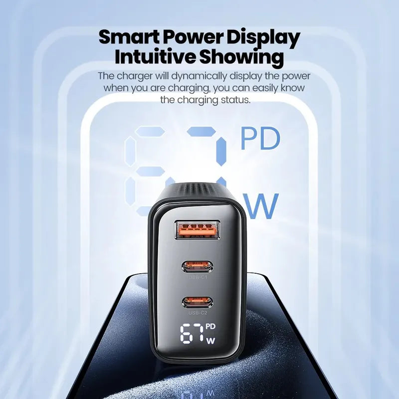 GaN USB-C Charger 67W Fast Power Delivery & Quick Charge for Laptop & Phone